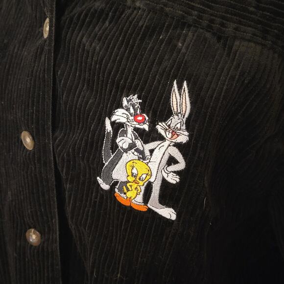 Warner Brothers Black Corduroy Looney Tunes Embroidered Shirt Women’s Medium - Picture 3 of 7